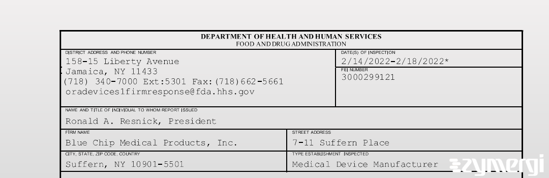 FDANews 483 Blue Chip Medical Products, Inc. Feb 18 2022 top