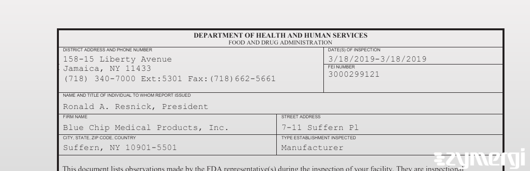 FDANews 483 Blue Chip Medical Products, Inc. Mar 18 2019 top