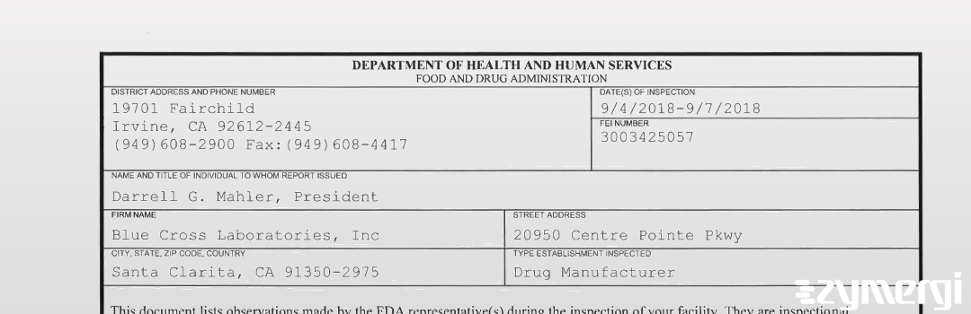 FDANews 483 Blue Cross Laboratories, Inc Sep 7 2018 top