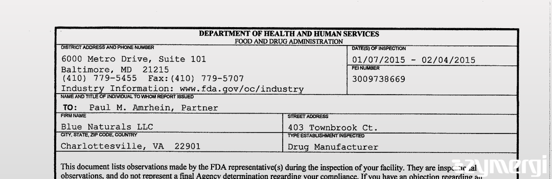 FDANews 483 Blue Naturals LLC Feb 4 2015 top