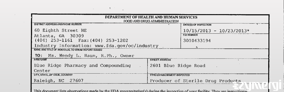 FDANews 483 Blue Ridge Pharmacy and Compounding Center Oct 23 2013 top