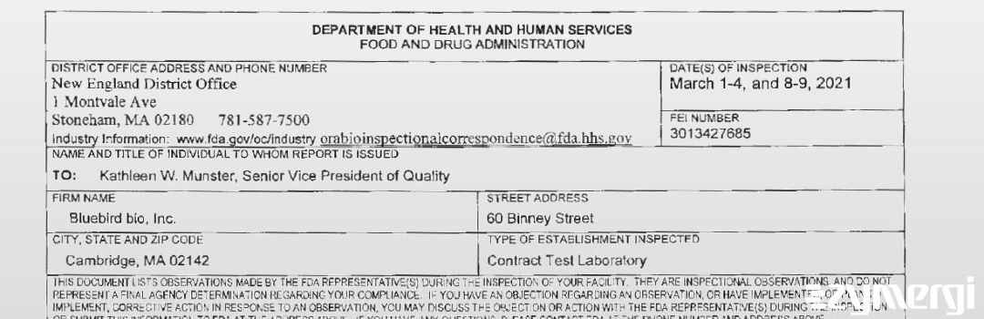 FDANews 483 bluebird bio, Inc. Mar 9 2021 top