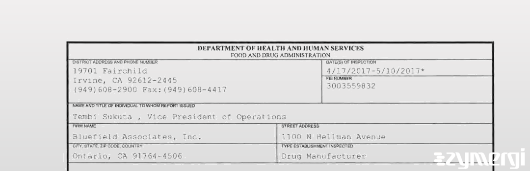 FDANews 483 Bluefield Associates, Inc. May 10 2017 top