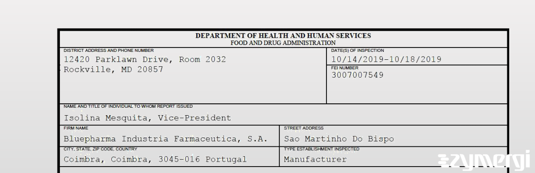 FDANews 483 Bluepharma Industria Farmaceutica, S.A. Oct 18 2019 top