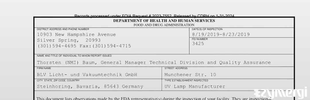 FDANews 483 BLV Licht- und Vakuumtechnik GmbH Aug 23 2019 top