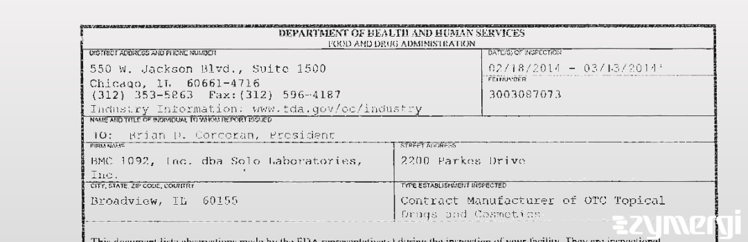 FDANews 483 BMC 1092, Inc dba SOLO Laboratories, Inc. Mar 13 2014 top