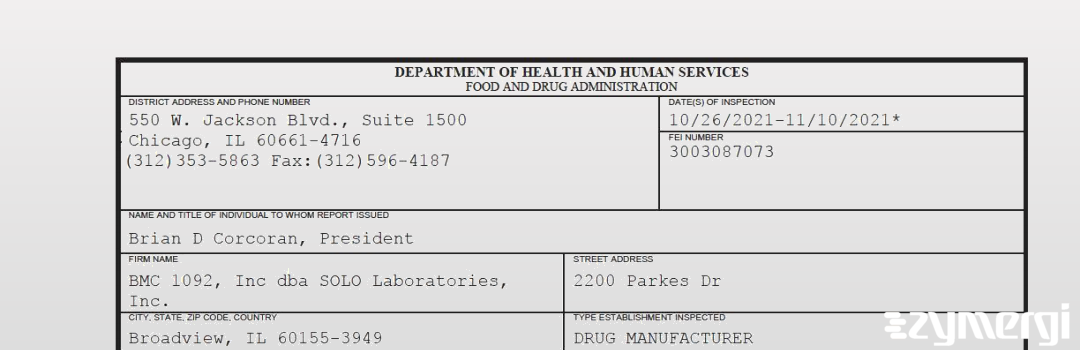 FDANews 483 BMC 1092, Inc dba SOLO Laboratories, Inc. Nov 10 2021 top