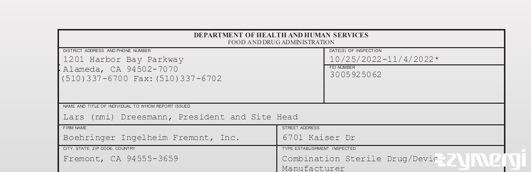 FDANews 483 Boehringer Ingelheim Fremont, Inc. Nov 4 2022 top