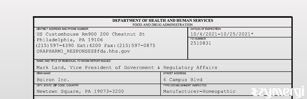 FDANews 483 Boiron, Inc. Oct 25 2021 top