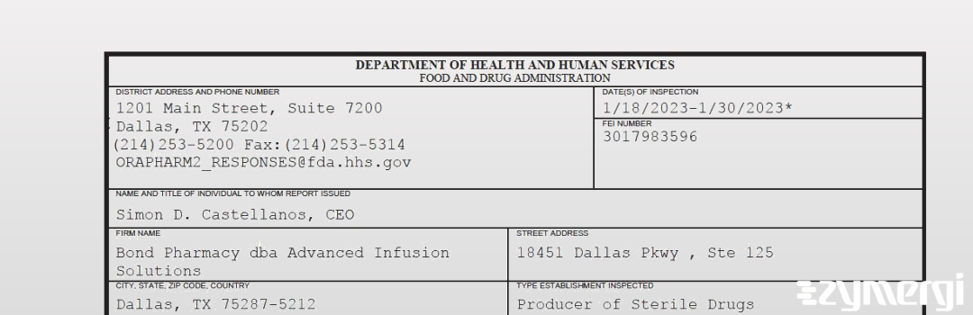 FDANews 483 Bond Pharmacy dba Advanced Infusion Solutions Jan 30 2023 top