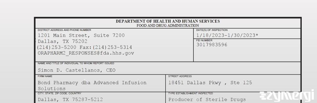 FDANews 483 Bond Pharmacy dba Advanced Infusion Solutions Jan 30 2023 top
