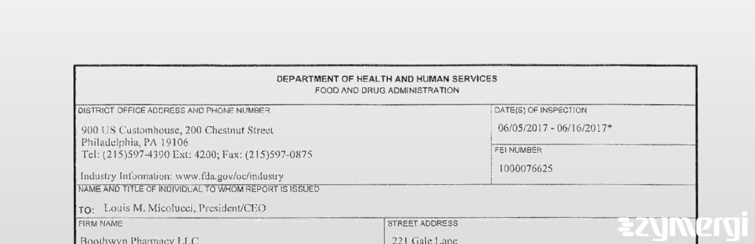 FDANews 483 Boothwyn Pharmacy LLC Jun 16 2017 top