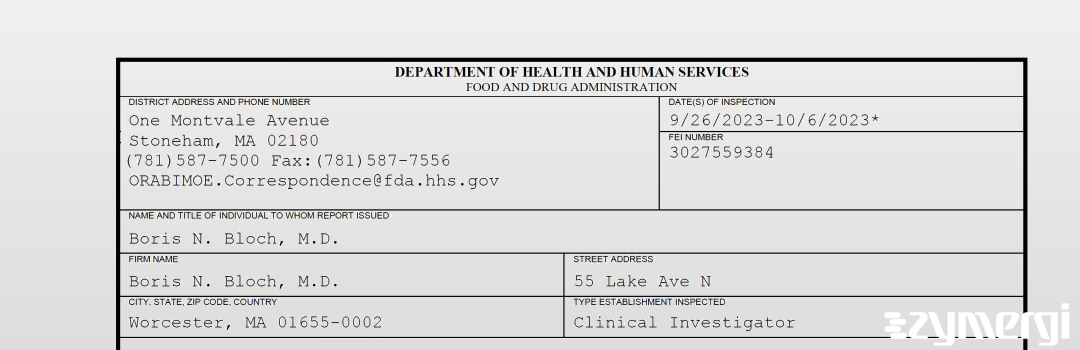 FDANews 483 Boris N. Bloch, M.D. Oct 6 2023 top