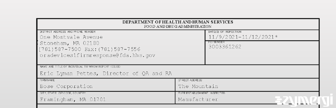 FDANews 483 Bose Corporation Nov 12 2021 top