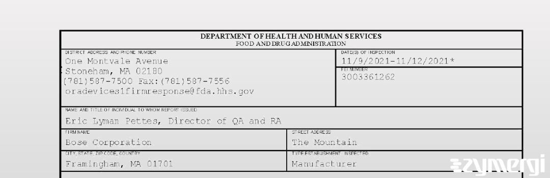 FDANews 483 Bose Corporation Nov 12 2021 top