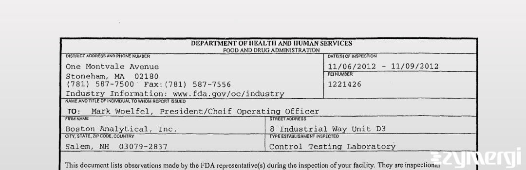 FDANews 483 Boston Analytical, Inc. Nov 9 2012 top