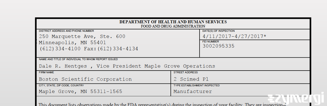 FDANews 483 Boston Scientific Corporation Apr 27 2017 top