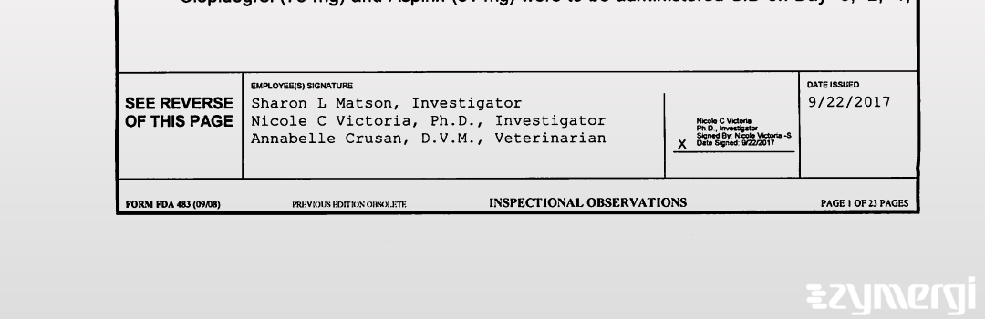 Nicole C. Victoria FDA Investigator Sharon L. Matson FDA Investigator Annabelle Crusan FDA Investigator