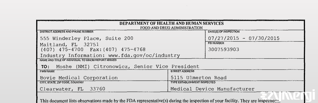 FDANews 483 Bovie Medical Corporation Jul 30 2015 top