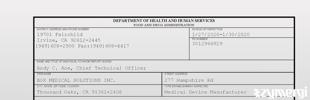 FDANews 483 BOX MEDICAL SOLUTIONS INC. Jan 30 2020 top