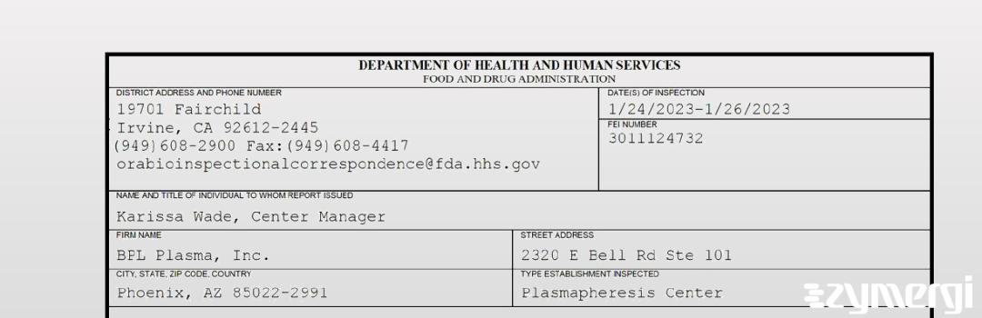 FDANews 483 BPL Plasma Inc Jan 26 2023 top