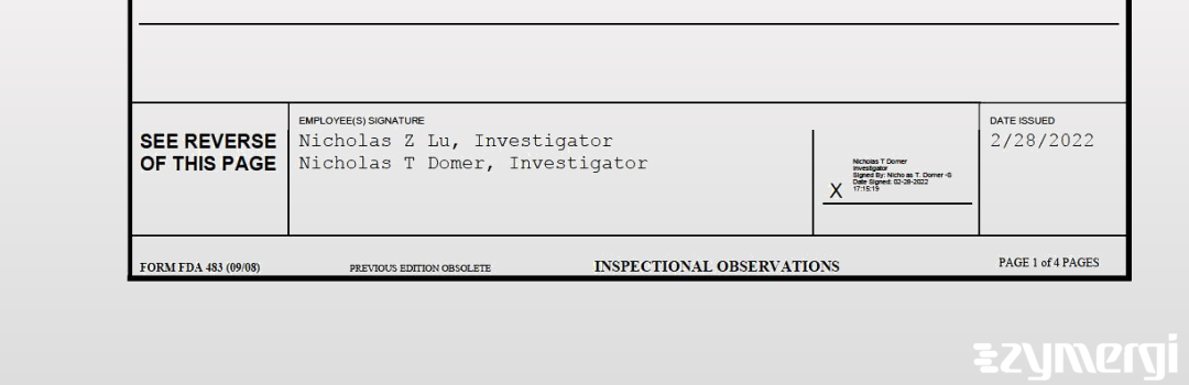 Nicholas T. Domer FDA Investigator Nicholas Z. Lu FDA Investigator 