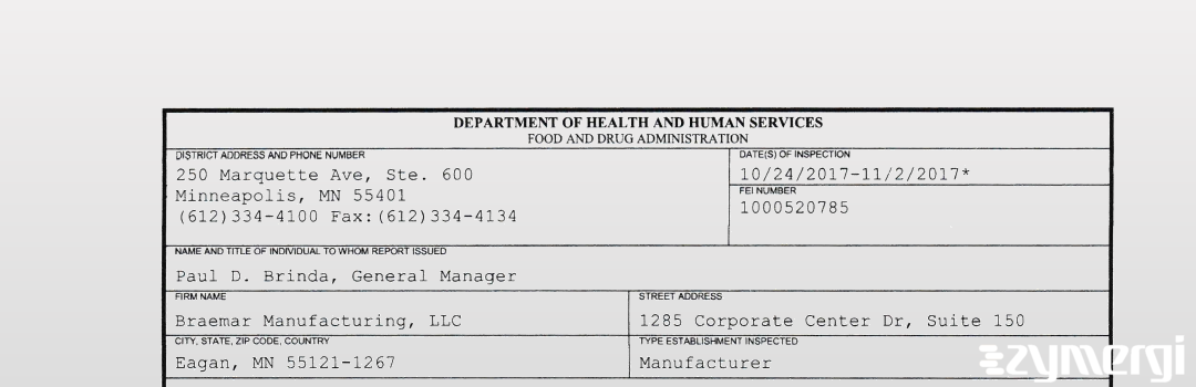 FDANews 483 Braemar Manufacturing, LLC Nov 2 2017 top