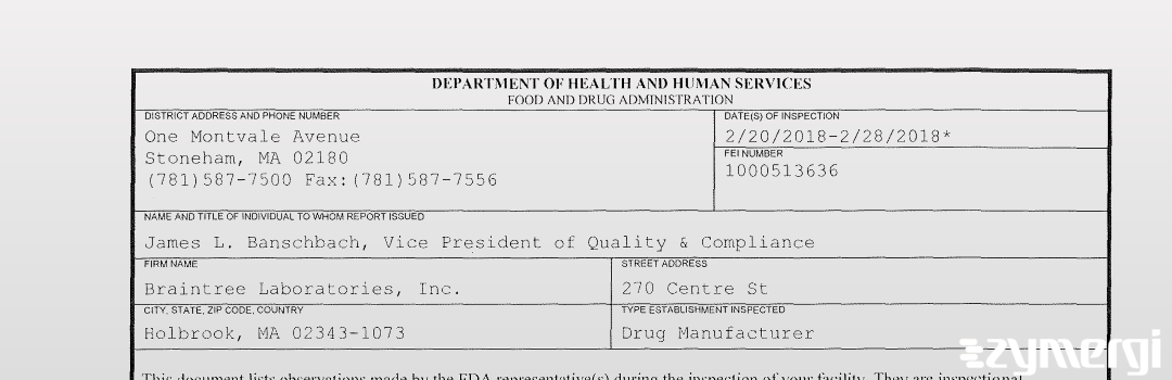 FDANews 483 Braintree Laboratories, Inc. Feb 28 2018 top