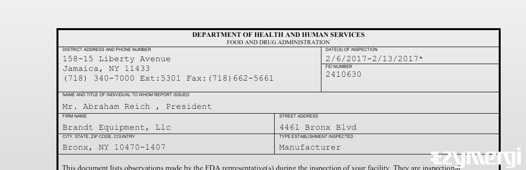 FDANews 483 Brandt Equipment, Llc Feb 13 2017 top