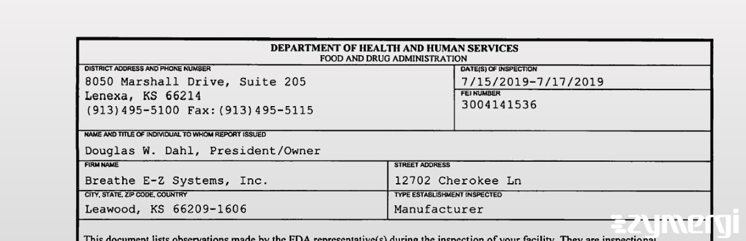 FDANews 483 Breathe E-Z Systems, Inc. Jul 17 2019 top