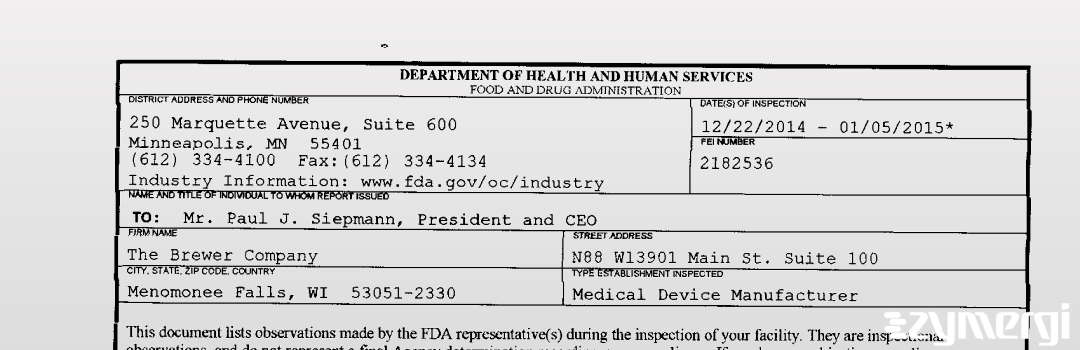 FDANews 483 Brewer Company, LLC Jan 5 2015 top