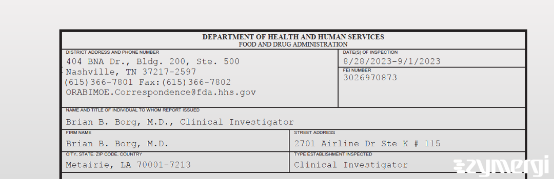 FDANews 483 Brian B. Borg, M.D. Sep 1 2023 top