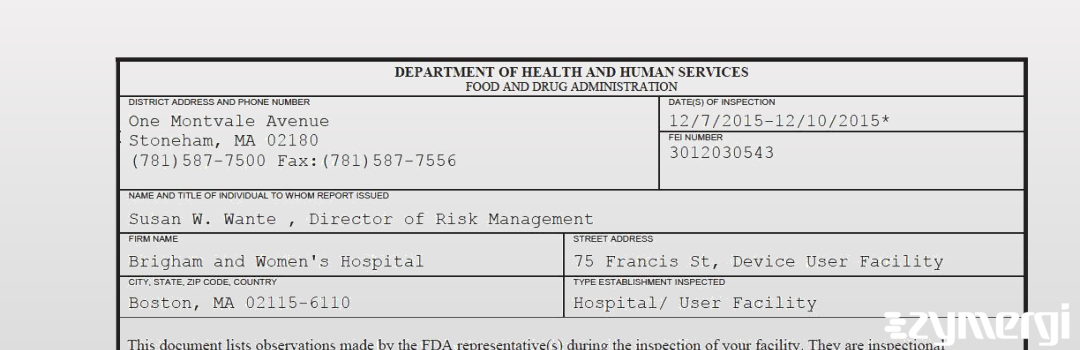 FDANews 483 Brigham And Women's Hospital Dec 10 2015 top