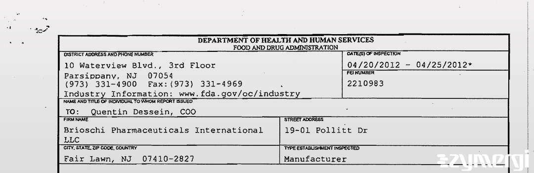 FDANews 483 Brioschi Pharmaceuticals International LLC Apr 25 2012 top