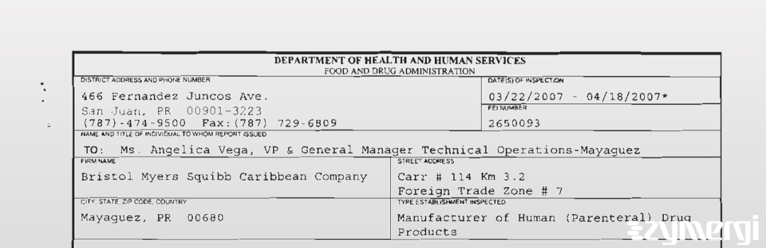 FDANews 483 Bristol Myers Squibb Caribbean Company Apr 18 2007 top