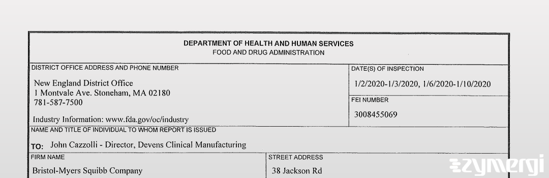 FDANews 483 Bristol Myers Squibb Company Jan 10 2020 top