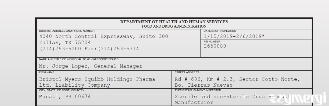 FDANews 483 Bristol-Myers Squibb Holdings Pharma Ltd. Liability Company Feb 6 2019 top