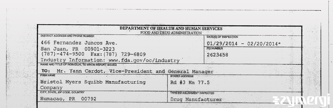 FDANews 483 Bristol-Myers Squibb Manufacturing Company Feb 20 2014 top