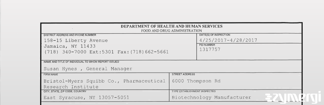 FDANews 483 Bristol-Myers Squibb Co., Pharmaceutical Research Institute Apr 28 2017 top