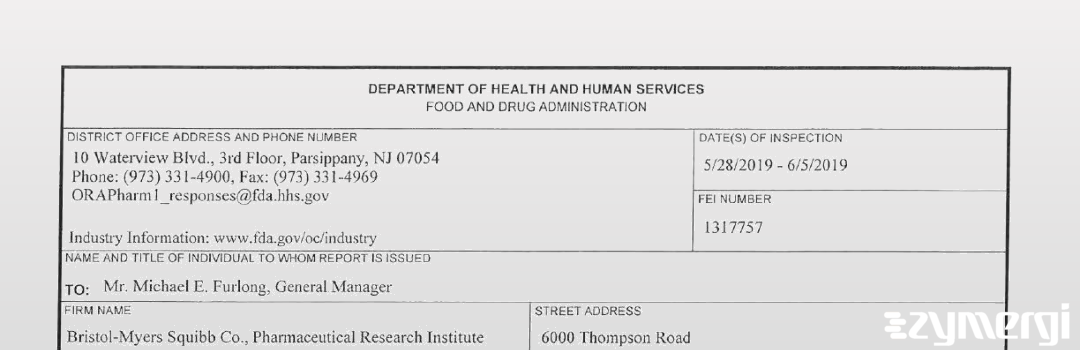 FDANews 483 Bristol-Myers Squibb Co., Pharmaceutical Research Institute Jun 5 2019 top