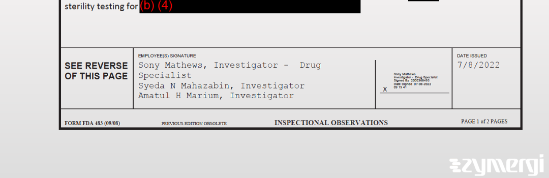 Sony Mathews FDA Investigator Syeda N. Mahazabin FDA Investigator Amatul H. Marium FDA Investigator 