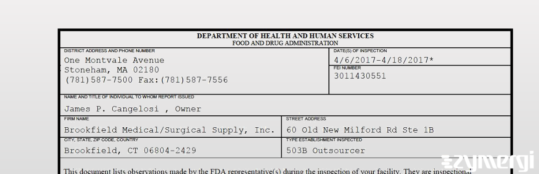 FDANews 483 Brookfield Medical/Surgical Supply, Inc. Apr 18 2017 top