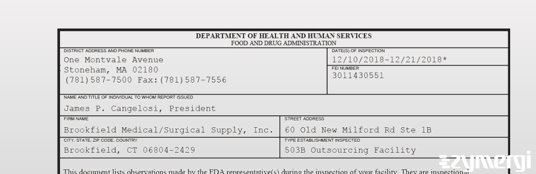 FDANews 483 Brookfield Medical/Surgical Supply, Inc. Dec 21 2018 top