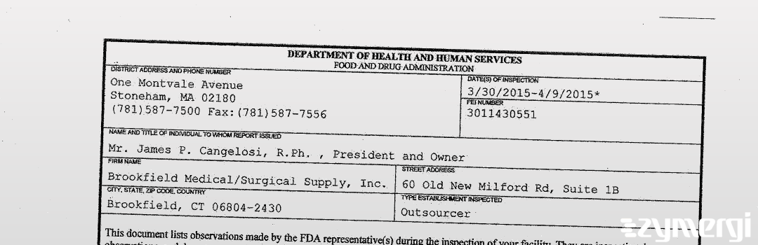 FDANews 483 Brookfield Medical/Surgical Supply, Iinc. Apr 9 2015 top