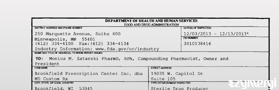 FDANews 483 Brookfield Prescription Center Inc. dba MD Custom Rx Dec 10 2013 top