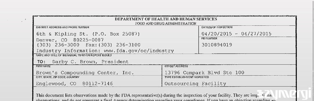 FDANews 483 Brown's Compounding Center, Inc. Apr 27 2015 top