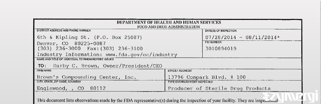 FDANews 483 Brown's Compounding Center, Inc. Aug 11 2014 top