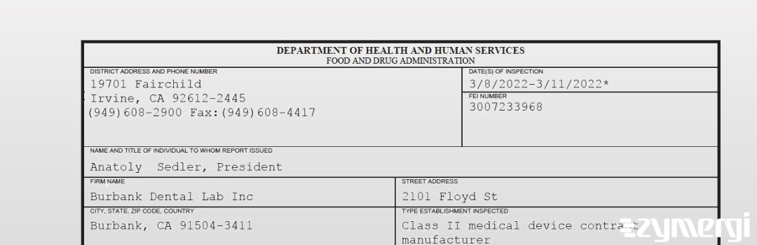 FDANews 483 Burbank Dental Lab Inc Mar 11 2022 top