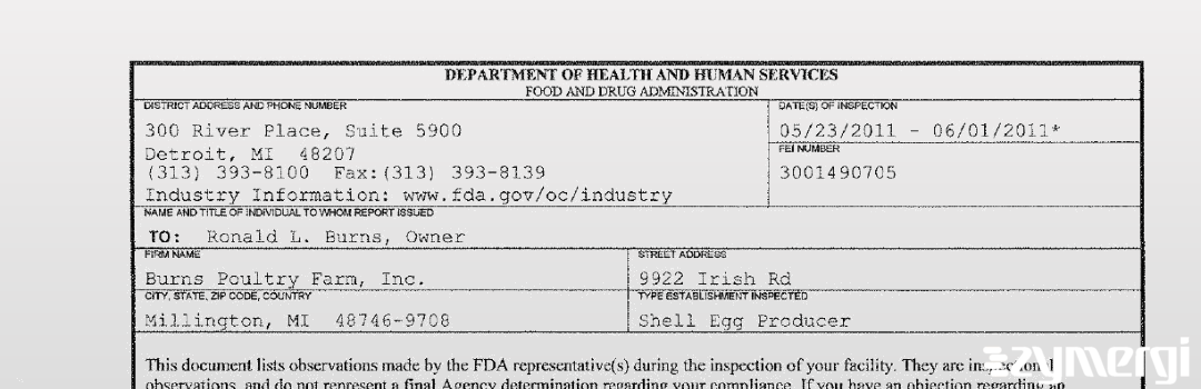 FDANews 483 Burns Poultry Farm, Inc. Jun 1 2011 top