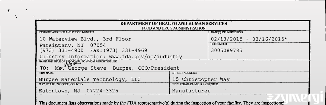 FDANews 483 Burpee Materials Technology, LLC Mar 16 2015 top